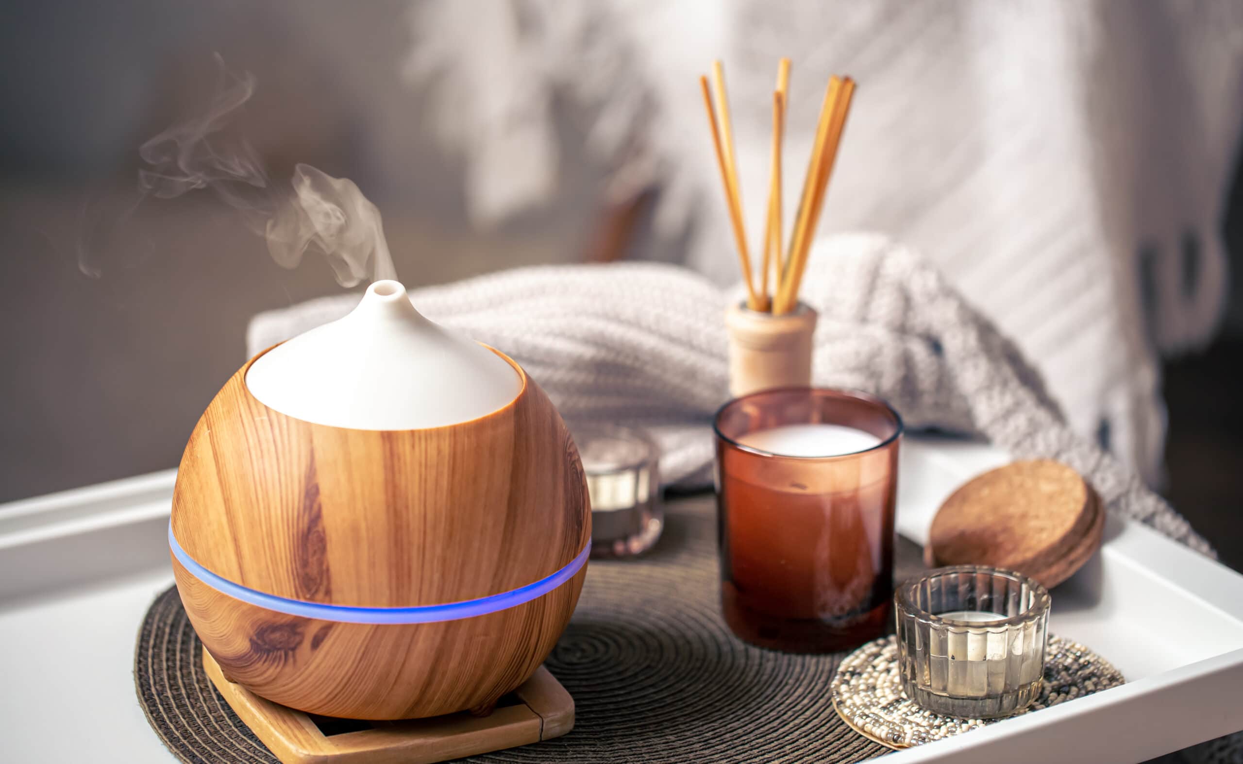 A cozy ambiance with a candle and a soothing aroma diffuser, while a dehumidifier keeps the air fresh and moisture-free.