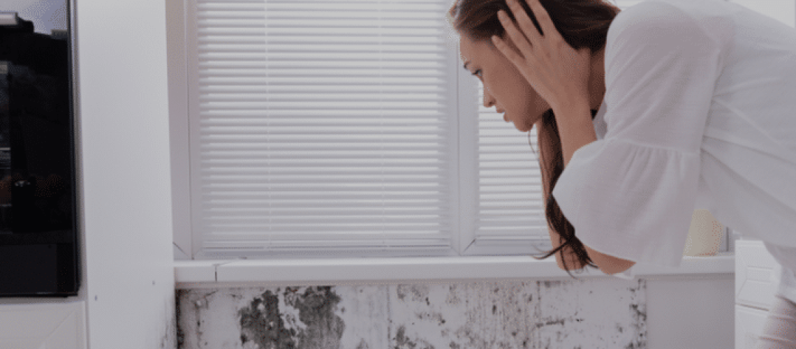 woman inspecting mold growing under window sill